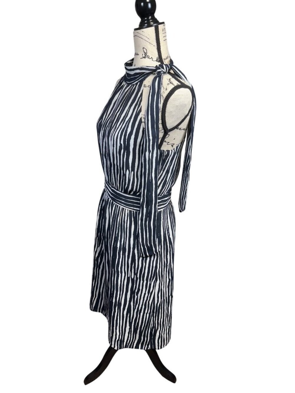 Striped Halter Tie Neck Dress With Belted Waist - Black & White - Size S - New W - Picture 4 of 10